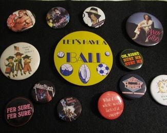 12 VINTAGE PINS INCULDING WELL-KNOWN MUSIC FIGURES.        $7