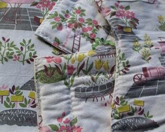 5 PC. KITCHEN LINENS W/ A VINTAGE MOTIF - 2 TOWELS AND  3 OVEN MITS/HOT PADS.       $10