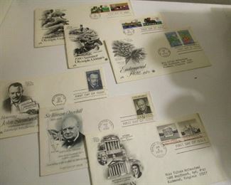 LOT OF "FIRST DAY ISSUE" STAMPS  INCLUDING 1965 WINSTON CHURCHILL, 1976 OLYMPIC GAMES,1979 ENDANGERED FERN, JOHN STEINBECK AND AMERICAN ARCHITECHTURE.    $12