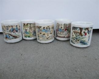 SET OF 5 ASIAN TEA/SAKE CUPS EACH WITH A DIFFERENT SCENE.     $5 