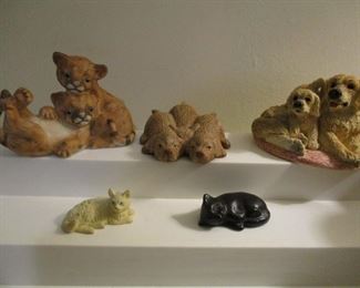 5 SMALL ANIMAL STATUES, LION CUBS, PUPS, MOTHER LAB W/ PUP, 2 CATS        $10