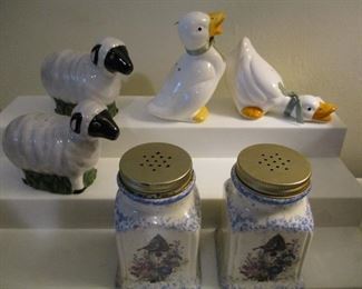 3 SETS OF SALT AND PEPPER SHAKERS - PLAYFUL DUCKS, SHEEP AND A STOVE TOP SIZE PAIR WITH A SCENE.        $15