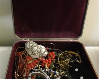 HEAVY SILVER TONED LINED BOX  9 1/2"X7" FULL OF COSTUME JEWELRY (WATCHES, NECKLACES, EARRINGS, CUFF LINKS AND BRACELETS.       $16