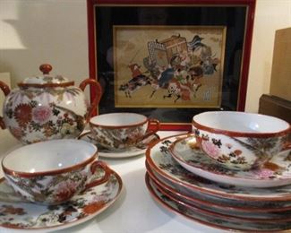 13 pc. ASIAN SCENED DISHES AND A FRAMED ARTWORK ON SILK.    $30