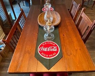 Arts and Crafts style farm table with 4 chairs and bench, pair of oil lamps