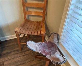 slat bottom chair, tooled leather footstool