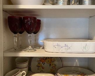 sifters, popcorn bowl, set of 4 ruby wine stems, Corning large baking dish, set of vintage dishes