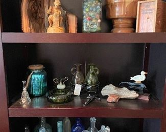 old bottles, wood pieces, marbles