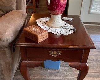 pair of Queen Anne end tables, inlaid box, cranberry courting couple lamp