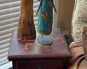 cypress knee, decorative angel, vintage side table