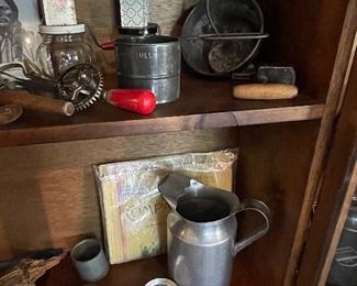 misc red handled gadgets, aluminum pitcher, other collectibles