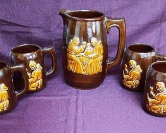 Brown Porcelain Pitcher And Mugs