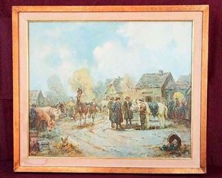 Equine Village Scene, Oil On Canvas, Signed V.D. Maalen