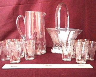 Heisey Hexagonal Basket W Etched Floral, Etched Glass Pitcher And Glass Set
