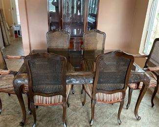 Carved Oak Dining Table With Glass Top 6 Chairs