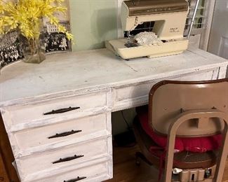 Vintage computer desk and medal chairs 