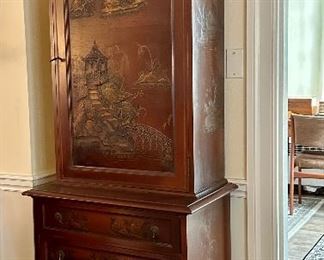 Vintage Asian Cabinet with embossed design and drawer storage below. Quite narrow!