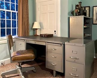 Fabulous set of Vintage Steelcase Office Furniture - Tanker Desk, two drawer file cabinet, two bookcases and two 4-drawer file cabinets along with Steelcase Office Chair - GREAT set!
