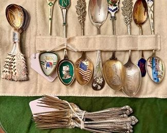 Swedish Silver, Towle Strawberry Forks, and Sterling Enameled Souvenir Spoons