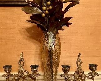 Bronze Double Candlesticks flank this GORGEOUS vase!
