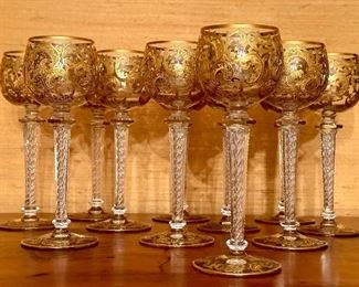 Exceptional Antique Hock Gilt Tooled Wine Glasses with Swirl Stem (11)