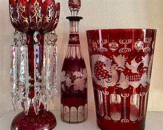 Bohemian Glass- a) Pair late 19th Century Bohemian glass garniture set with prisms, red to clear. : Dimensions: 13” H b) Pair, late 19th Century Bohemian overlay etched glass stoppered bottles, red to clear c) Ruby Cut to Clear Antique Vase