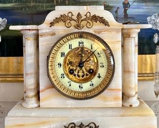 Late Victorian marble/alabaster mantle clock, time and strike, spring driven movement, ornate brass embellishments