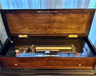 (SOLD) Late 19th Century large burl walnut case Swiss music box, restored condition (note – four (4) independent cylinders in total). : Dimensions: 11” X 32” X 9” : Cylinder Length: 13” EXCEPTIONAL Condition - Available for pre-sale!