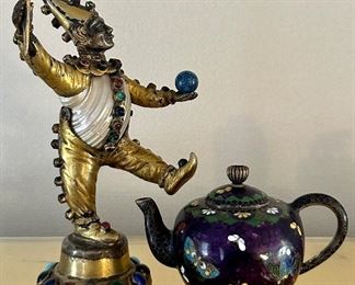 Brass, Shell and Gemstone Clown, Chinese Cloisonne Miniature Teapot