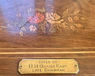 Turn-of-the-Century Swiss music box, inlaid rosewood case, 12 tunes, teeth intact, inlay flowers to top. : Dimensions: 23” X 9 ½” X 6” : Cone Length: 12 ¾”