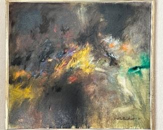 Modern abstract oil painting on canvas, : “Midsummer Landscape,” signed lower right, : “Lester Feldman ‘61” (unlisted). : Dimensions: 34” X 38”