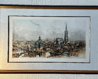 "View of Vienna" Colored Etching Signed Luigi Kasimir