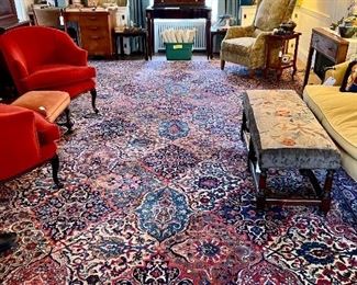 Semi-antique Keshan pattern “Palais” rug, overall floral motif: 11x22- in Burgundy, Rose, Ivory and Blue