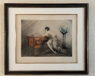 "Lady at the Desk with Fish Bowl" Etching Signed Louis Icart