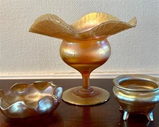 Tiffany Iridescent Gold Aureen Floriform Compote on Pedestal Base -2 Salt Cellars, One Footed