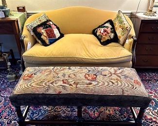 Yellow Velvet Settee & Early 20th Century Upholstered Jacobean Style Bench