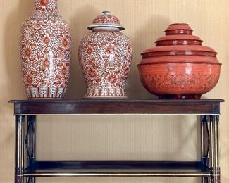 (2) Coral & White Vases (2) Coral & White Temple Jars Burmese Multi-Compartment Covered Box