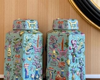 (2) Antique Famille Rose Porcelain Jars with Raised Design