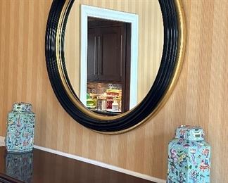 Designer Black Round Mirror with Gold Trim