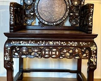 (2) Antique Rosewood Chairs with MOP Inlay & Marble Inset Panels