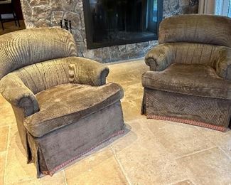 (2) Custom Swivel Armchairs with Pleated Skirt