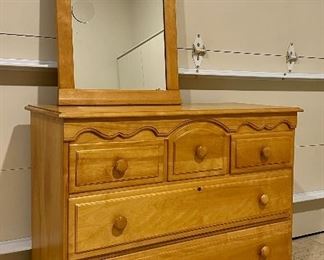Vintage Five Drawer Rock Maple Dresser & Mirror