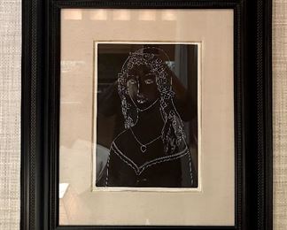 "Girl with Locket," Signed Wood Block Print, Signed Valenti Angelo
