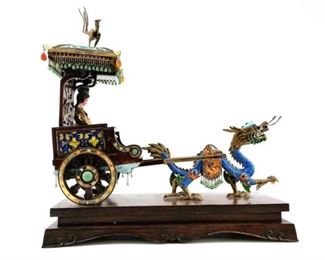 Exquisite antique enamel/wood Chinese dragon chariot inlaid with semi-precious stones.