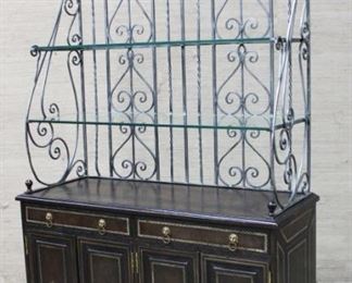 Maitland-Smith embossed leather-covered cabinet with wrought iron bakers rack. Rack can be removed from cabinet.