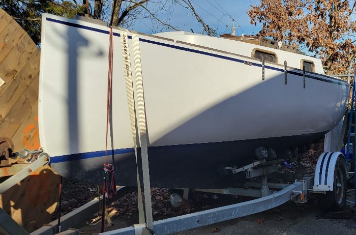 Lot 2 BLACKWATCH 24 Sail Boat
This boat is called the BLACKWATCH 24(overall length including the bowsprit is 24feet). Bluewater Boatworks (Dave Autry) the company that made this boat is located Amarillo Texas. An article in the October issue of “Sail” magazine states “This traditional-looking 24-foot trailer/sailer has some unique features…” Comment from Blackwatch Fleet “Dave Autry’s boats must be numbered among the rarest production boats ever manufactured. Dave’s company, Bluewater Boatworks of Amarillo, Texas, molded only 82 Blackwatch hulls between 1979 and 1981.”