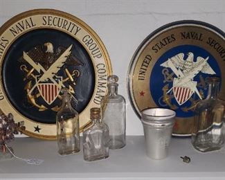 Navy Wall Plaques/ Vintage Pharmacy Bottles/ 146th Kentucky Derby Mint Julep Cups