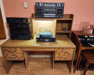 Office desk, vintage boombox and various receivers 