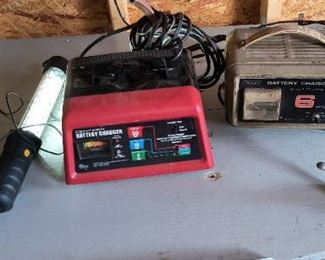 Assorted battery chargers and Craftsman shop light