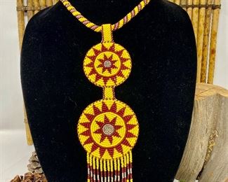Native American Beaded Medallion Necklace w/ Fringe